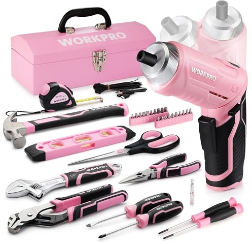 WORKPRO 73-Piece Pink Tool Set with Cordless 3.7V Screwdriver | Ladies Household DIY Kit, Portable Tool box, Cordless Screwdriver Included, Durable & Long Lasting, DIY & Home Repair