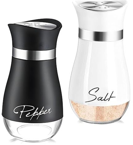 katmerio Juego de 2 saleros y pimenteros, base de cristal de 120 ml, pequeño, con tapa de acero inoxidable, accesorios de cocina para casa, cocina, restaurante, mesa de comedor (negro, blanco)
