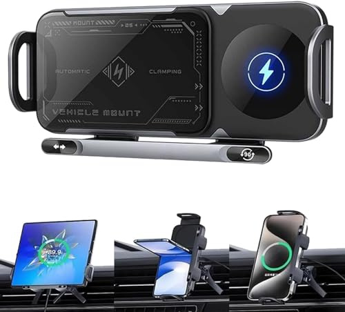 2024 High Intelligent Mobile Phone/Pad Holder, Kabelloses Autoladegerät Handyhalterung, 2 in 1 Automatisch Drehbar Tablet Halterung Auto, 15W Magnetisches Autoladegerät für Faltbare Handys (Silber)