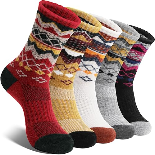 EBMORE Womens Merino Wool Hiking Socks Thermal Warm Winter Nordic Cushion Crew Work Boot Gift Socks Stocking Stuffers 5 Pairs(Yellow/White/Black/Grey/Red,L)