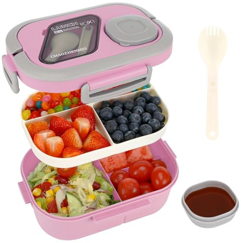 Kasanni Lunch Box con scomparti, lunch box, contenitore per pranzo e insalata, bento box con cucchiaio, snack box, pranzo, per adulti e bambini, senza BPA (Rosa)