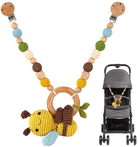 XEERUN Barnvagnskedja, barnvagnskedja av trä och bomull, virkad barnvagnskedja för spädbarn, Montessori, leksak för nyfödd baby, barnvagnsleksak för babystol (2)