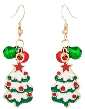 Weihnachtsbaum-Stern-Emaille-Hängeohrringe für Damen und Mädchen, rot-grün, klingelnde Glöckchen, Fischhaken, baumelnder Ohrring, hypoallergen, niedlich, Weihnachtsdekoration, Urlaub, Festival, Party,