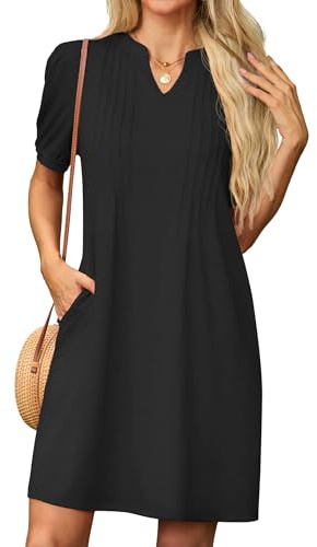 GRECERELLE Womens Dresses Summer Casual Short Sleeve V Neck Shift Dress for Women Ladies T Shirt Dress with Pockets (Black, XXL)