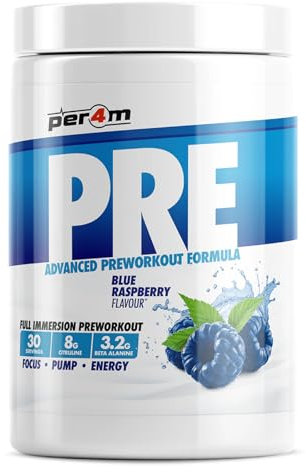 Per4m Pre Workout Powder | Intense Pump, Sustained Energy & Mental Focus | L-Citrulline, Beta Alanine & Caffeine & Added Hydration (570g, Blue Raspberry)