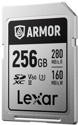 Lexar ARMOR SILVER PRO SD Card 256GB, UHS-II SD Memory Card, Stainless Steel, C10, U3, V60, 6K UHD Video, up to 280MB/s Read, 160MB/s Write, SDXC Card for DSLR/Camera/Photographer/Videographer