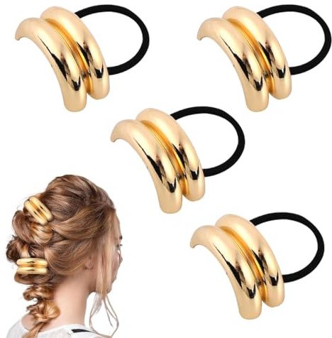 SGERUFZ 4 Pezzi Fermacapelli in Metallo, Bracciale Elastico, Porta Coda di Cavallo, Accessorio Capelli Donna, Elastico, Fascia per Capelli Donna e Ragazze, Spesso Sottile Riccio (Oro, Nero)