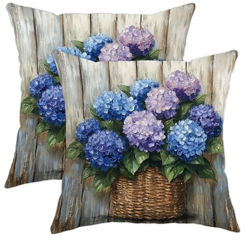 Set di 2 federe per cuscini con ortensia, motivo floreale, blu e viola, decorazione estiva, per casa, divano, letto, 50 x 50 cm