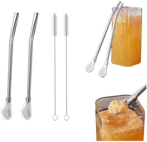 2Pcs Pailles en acier inoxydable,avec cuillère filtrante,pailles à thé détachables,Réutilisables pour thé en vrac,café,boissons,avec 2 brosses de nettoyage,18,5 cm,pour Yerba Mate & Boire