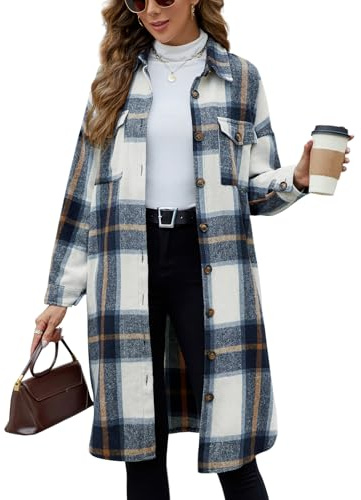 Tuopuda Veste Chemise à Carreaux en Flanelle pour Femme Manches longues Veste à Carreaux Blouse avec Boutons Long Manteau Mélange de laine(Bleu,XL)