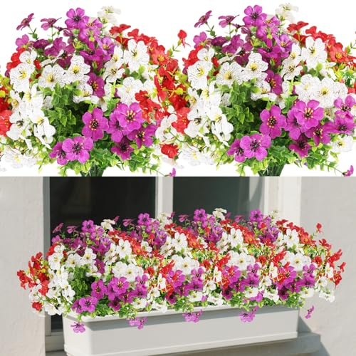 wiipara 9 Bundles Artificial Flowers Outdoor UV Resistant Fake Flowers No Fade Faux Plants Garden Porch Window Box Decorating, Purple Red White