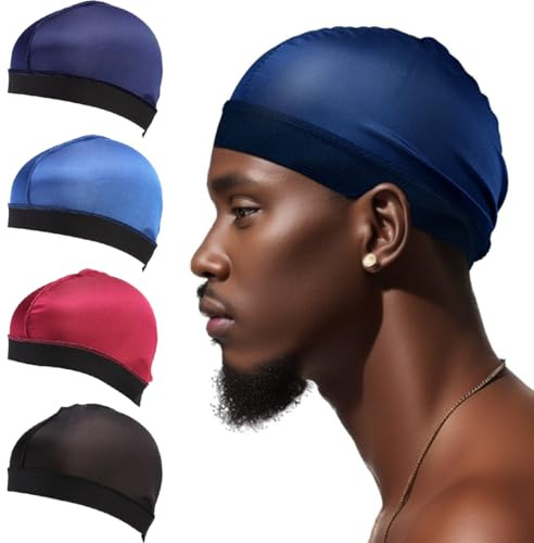 OUDQFCJ 4 Stück Silky Wave Caps, Elastic Band, Männer und Frauen allgemein,Satin Hair Bonnet, Durag Headwear, Headscarf for Sleeping and Showering (Schwarz, hellblau, weinrot und dunkelblau)