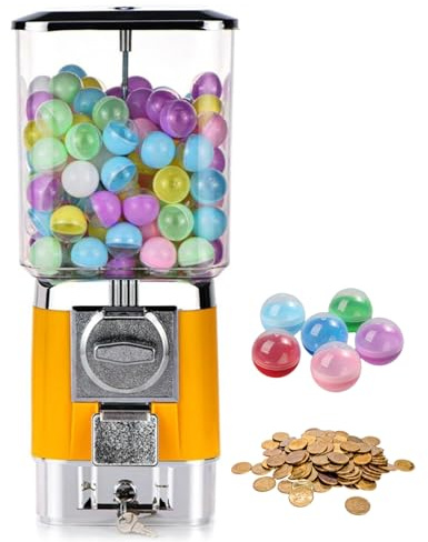 Mini Candy Gumball Vending Machines, Coin Operated Bubble Gum Dispenser Machine, 200 Empty Balls, 100 Stainless Steel Tokens, for Game Stores Toy Capsules Bouncy Balls Candy Yellow