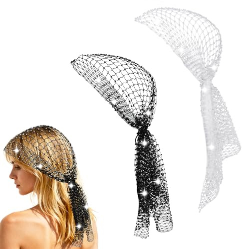 2stk Strass Kopftuch, Netz Glitzer Haartuch 1920er Jahre Diskostil Stilvoller Turban für Damen Karnevalskopfschmuck (Schwarz, Weiß)