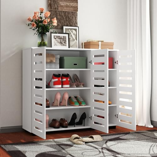 Zapatero de nogal de 112 cm con puertas, mueble de entrada con estantes ajustables, zapatero de 5 niveles estilo rústico para pasillo, zapatero grande para entrada, dormitorio, armario y sala de