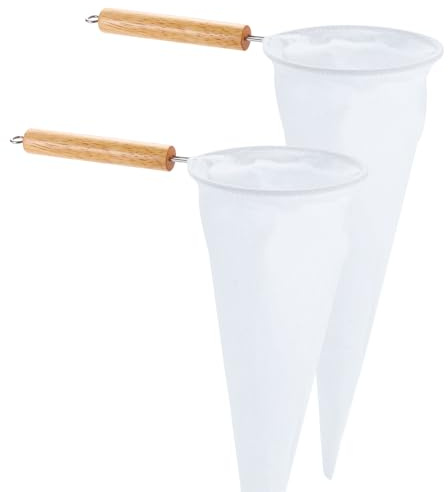 QUARKZMAN 2 Piezas Filtros De Café, Bolsas Filtro De Tela Franela Con Mango De Madera, Colador De Café De Tela Reutilizable Hecho A Mano, Color Blanco