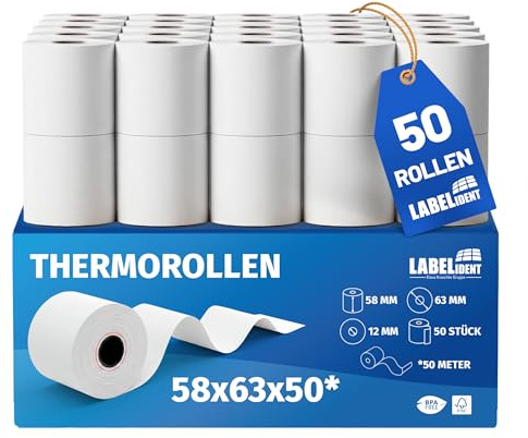 Labelident 50x Thermorollen 58mm x 50m x 12mm, Ø 63 mm, 55 g/m² | Bpa freie Bonrollen, Kassenrollen für alle gängigen Thermo Kassen-Bondrucker