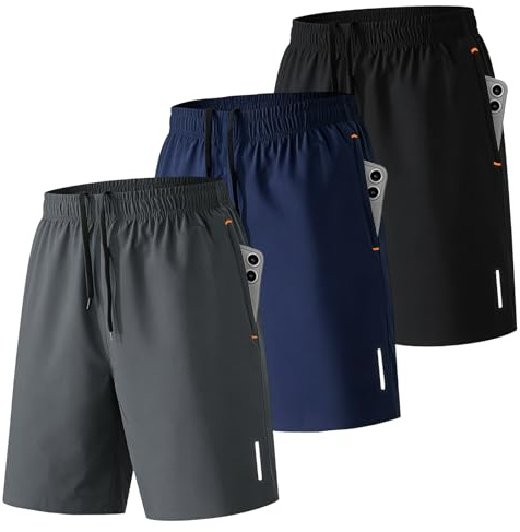 SHAGGA Lot de 3 shorts de sport légers à séchage rapide pour homme, entrejambe 7 avec poches zippées pour course à pied, fitness, jogging