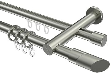 INTERDECO Rundrohr-Innenlauf-Gardinenstange 20 mm 2-läufig, moderne Rohr-Innenlaufstange aus Metall, Edelstahl-Optik, zur Wandmontage, Typ 10223412, 280 cm