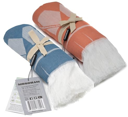 Mosobam 2pc Soft Fouta Peshtemal 35X70, Coral-Navy, Fall Cacala Fleece Blankets, Luxury Scarf Sarong, Hamam Towel, Lightweight Travel Outdoor Picnic Blanket Throw, Viscose Made from Bamboo