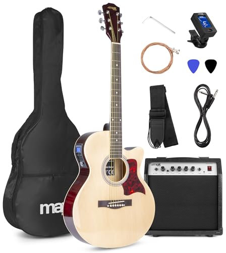MAX ShowKit Elektro Akustik Gitarre Set mit Verstärker 40 Watt, Gitarrentasche, Gitarrenstimmgerät, Instrumentenkabel, Plektrum und E Akustikgitarre mit Tonabnehmer, Natur Holz