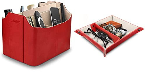 Londo Leder Fernbedienung Organizer und Halter (Rot) & Leder Taschenleerer - Vide Poche - Ledertablett Organizer, Praktische Aufbewahrungsbox - für Geldbörsen, Uhren, Schlüssel, Münzen(Rot)
