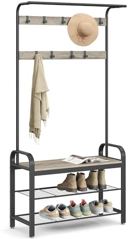 VASAGLE Kleiderständer, Garderobe, Eingangsmöbel, mit abnehmbaren Haken, Bank und Schuhregal, Höhe 183 cm, Metallrahmen, industrieller Stil, Graubraun und Schwarz HSR400B02