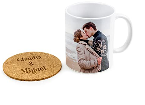 Taza Personalizada con Fotos y Diseños de Cerámica 33cl Apta Para Microondas y Lavavajillas Incluye Posavasos Personalizado de Corcho para Regalo Original (Foto)