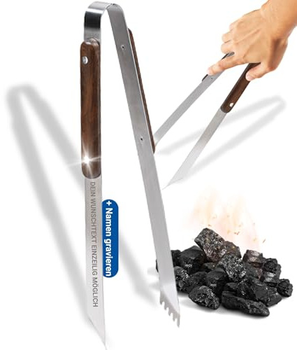 Personalisierte Grillzange aus Edelstahl - Küchenzange 35 cm mit Holzgriff | BBQ Zubehör, Grillzubehör, BBQ, Zange, Fleischzange, Geschenkidee Vatertag, sicherer Griff, robust, Küchenwerkzeug