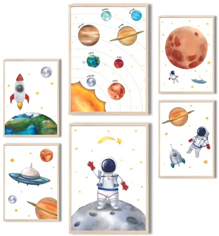 MeinBaby123® Kinderzimmer Poster Astronaut | 6er Set Poster Set 2x DIN A4 & 4x DIN A5 | Weltall Raketen Planeten | Kinderzimmer Deko Mädchen Junge | Babyzimmer (Astronaut V2)