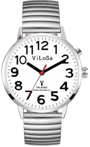 ViLoSa Ladies English Talking Watch Speaks The Time, Date or Alarm time for Elderly, Impaired Sight or Blind. with Luminous Display -White Face-Black Numbers with Stainless Expand Strap