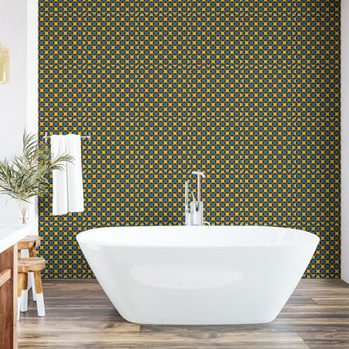ABAKUHAUS Retro abziehbare & klebbare Tapete für Zuhause, Geometric Tile 70er Jahre Stil, selbstklebendes Wohnzimmer Küchenakzent, 33 cm x 180 cm, Braun Blau und Gelb