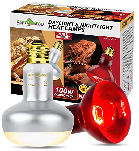 REPTI ZOO 2 Pack 100W Reptile Heat Lamp Bulbs,Upgraded Reptile Day and Night Basking Spot Bulb Combo Amphibian Infrared Heat Lamp Bulb/UVA Basking Spot Daylight Heating Light Bulb
