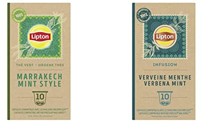 Lipton Assortiment thé et infusion en Capsules Compatibles Nespresso : Thé Vert Marrakech Mint, Infusion Verveine Menthe 2x10 capsules
