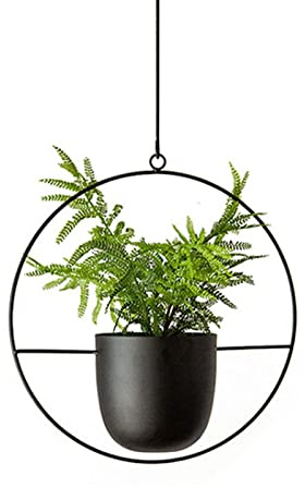 ARSBORUI Hängend Blumenampel Metall Blumentopf Schwarz Pflanzenampel Modern Deko Hängeblumentopf Hängeampel für Innen Außen Decken Balkone Wanddekoration (Rund)