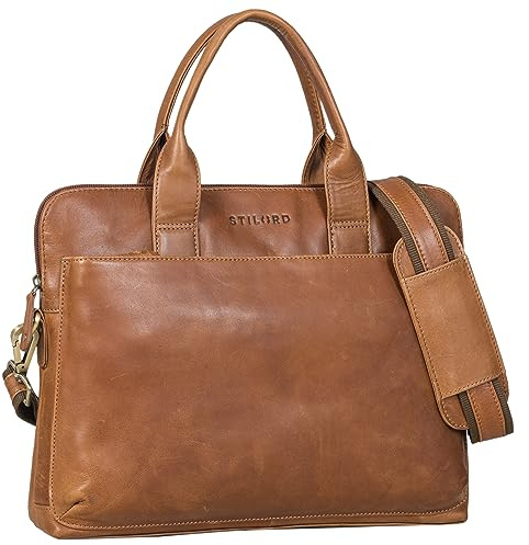 STILORD Lancelot Laptoptasche 14 Zoll Echtleder Herren und Damen braun als Arbeitstasche Aktentasche zum Umhängen Ledertasche und Notebookhülle aufsteckbare Trolley-Halterung