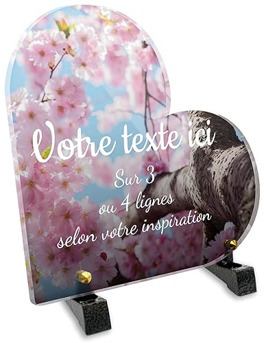 Plaque funéraire Coeur Personnalisable en plexi Motif Cerisier en Fleur, différentes Tailles, épaisseur 6mm, personnalisée sur Plusieurs Lignes 15x15 cm