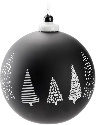 BRUBAKER Premium Weihnachtskugel Schwarz - Tannenbäume - 10 cm Baumkugel Matt und Handbemalt - Glas Weihnachtsbaumkugel mit Porzellan Topper - Christbaumschmuck Anhänger