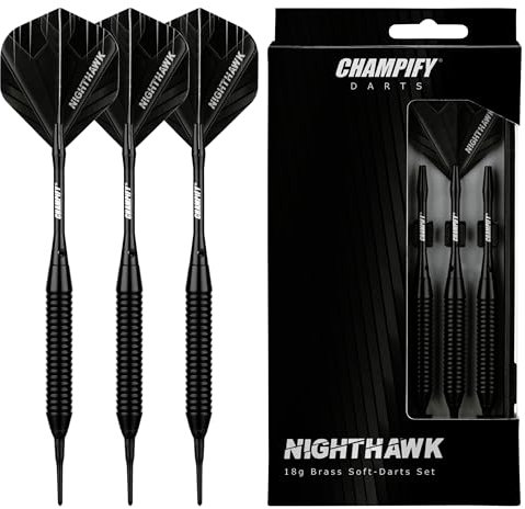 Champify® 18g Brass Soft-Darts Set “Nighthawk” mit Kunststoff-Spitze | 3 Dartpfeile mit 6 Schäften & 6 Flights & 30 Softdart-Spitzen | inkl. weiteres Zubehör | Dartpfeile mit Plastik-Spitzen