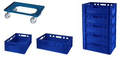 Logiplast 7 Stück E2-Kasten blau + 1 Transportroller mit vier Lenkrollen blau