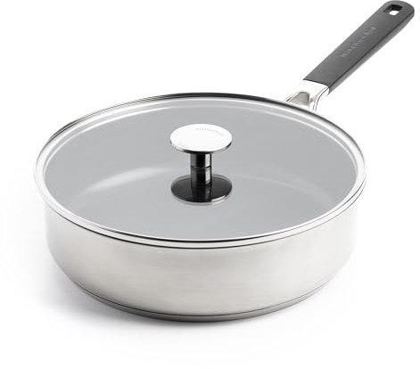 KitchenAid Classic Stainless Steel PFAS-freie Gesunde Keramische Antihaft-Schmorpfanne 26 cm/3,6 Liter mit Deckel aus gehärtetem Glas,Plattiert,Induktion,Stay-Cool-Griff,Backofenfest bis 160°C,Silber