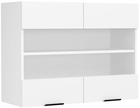 Küchenschrank hängend, Maße ca. H. 60 x B. 80 x T. 31 cm, Hängeschrank mit zwei Drehtüren, Küchenschrank mit Glas, Küchenmöbel – Fasola