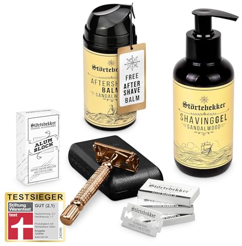 Störtebekker® Premium Rise 'N Shine Shaving Set - Rasierset für Herren - mit Rasierhobel (Rosé - Gold) inkl. Etui (Schwarz) & 10 Klingen, Rasiergel, After Shave Balm & Alaunstein - Rasier Set