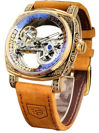 FORSINING Fancy Uhren für Männer, quadratische Retro mechanische Uhr Self-Wind geschnitzt, Gear Uhrwerk Golden Skelett Automatische Uhren Vintage Lederarmband Armbanduhr