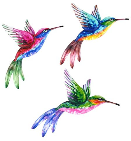 Svalor 3 Pack Metal Hummingbird Garden Ornaments Outdoor,Wrought Iron Colorful Hummingbird Wall Decor for Outside Garden Patio Fence Home Bedroom Hanging Decoration