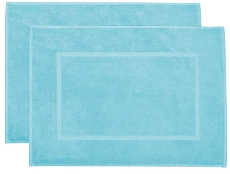 ZOLLNER 2er Set Badematten in 50x70 cm - saugstarke und Flauschige Badvorleger aus Baumwolle - bis 60°C waschbar - für Fußbodenheizung geeignet - in blau - Hotelqualität