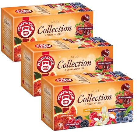 Pompadour, Collection Infusi alla Frutta, 5 Gusti Assortiti, 75 Filtri (3 Confezioni da 25 Filtri), Ideali per Tutta la Famiglia, Senza Lattosio, Glutine e Allergeni, Vegan