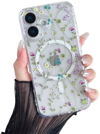RALEAVO Magnetiskt fodral för iPhone 16, kompatibelt med Magsafe, söta blommor, flickor och kvinnor, genomskinligt silikonfodral, stöttåligt skyddande fodral med blommönster för iPhone 16, grenar