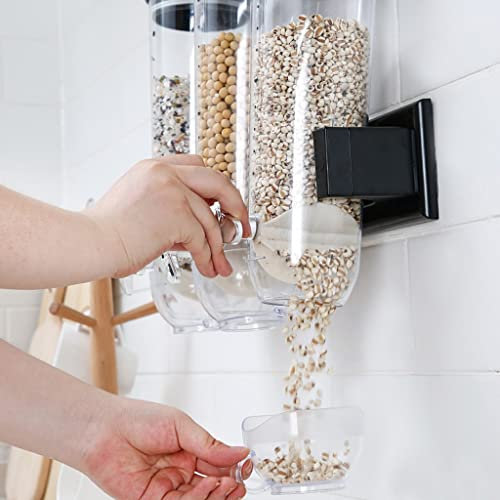WOTZOV An der Wand montierter Dreifach-Lebensmittelspender, Küchen-Trockenfutterspender, Vorratsbehälter für Getreide, Snacks, Nüsse, Kaffeebohnen, Müsli, Süßigkeiten, 4,5 l