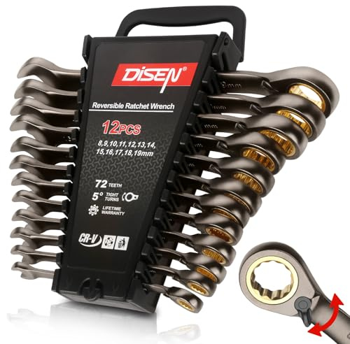 DISEN 12-Piece Reversible Ratcheting Wrench Set, Combination Wrench Set Metric 8-19MM, 72-Tooth, CR-V Steel, Nickel Plating, Crank Design with Organizer Rack
